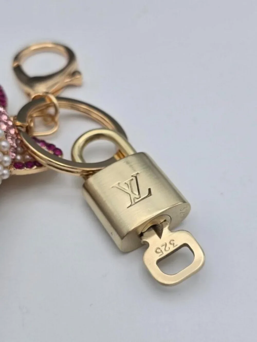 LV Authentic Gold Padlock 🔒 Key Set w/ Unbranded Fox Pom-pom Keychain Charm